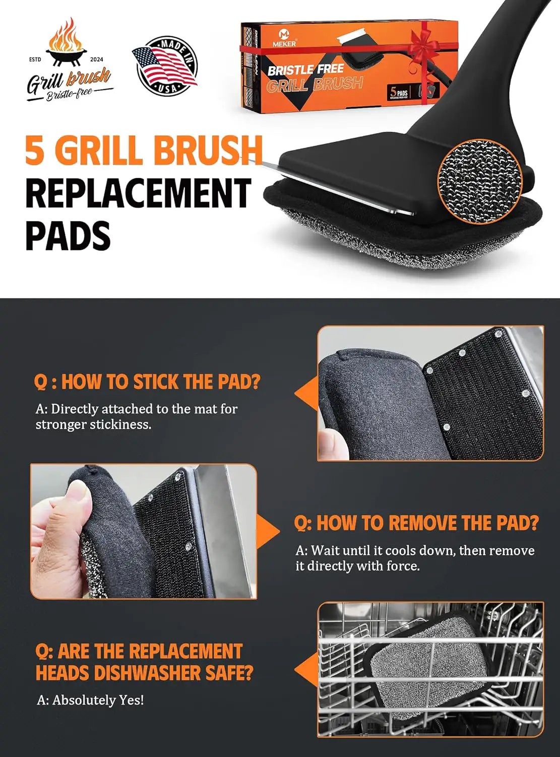 MEKER Grill Brush Bristle Free, Grill Cleaner Brush with 5 BBQ Replacement Head for Cast Iron, Stainless Steel Grates, Safe Grill Scraper Outdoor BBQ Grill, Black by GreenHaven Gardens