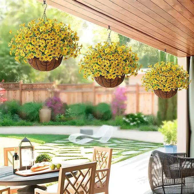 Artificial Faux Hanging Plants Flowers Basket Outdoor Indoor Patio Lawn Garden Spring Decor, Fake Silk Daisy in Basket with 12inch Coconut Lining Chain Palm Flowerpot(Yellow) by GreenHaven Gardens