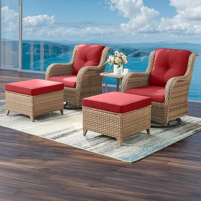 Outdoor Wicker Patio Furniture Set - 5 Pieces Rattan Patio Conversation Set with 2 Rocking Swivel Chairs,2 Ottomans and 1 Side Table for Porch Deck Backyard Garden(Yellow/Red) by GreenHaven Gardens