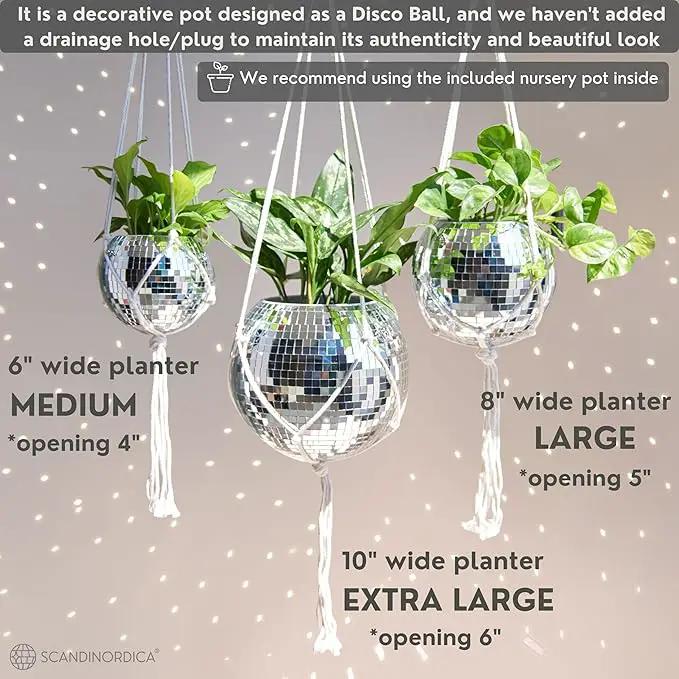 SCANDINORDICA Disco Ball Planter – Value Package: Disco Planter with Chain, Macrame Hanger and Acrylic Stand, Includes Self Watering Insert, Preppy Room Decor, Funky Decor | 8 inch Silver by GreenHaven Gardens