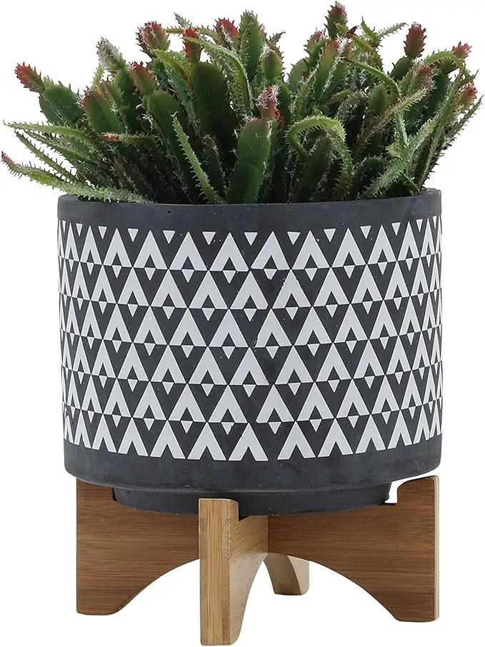 Sagebook Home 9" H 8" Diameter Dark Gray and Ivory Aztec Design Ceramic Planter with Solid Rubberwood Stand for Living Room, Bedroom, or Office by GreenHaven Gardens