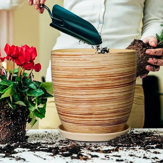 12 Inch Planter Pot Ceramic Plant Pots for Plants with Drainage Hole and Saucer Large Flower Pot for Home Patio Garden Office Yellow by GreenHaven Gardens