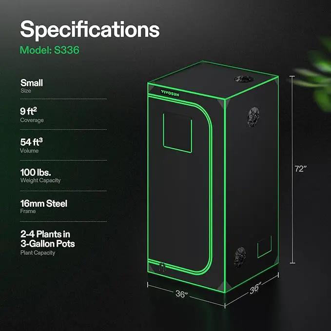 VIVOSUN S336 3x3 Grow Tent, 36"x36"x72" High Reflective Mylar with Observation Window and Floor Tray for Hydroponics Indoor Plant for VS2000/VS3000 by GreenHaven Gardens