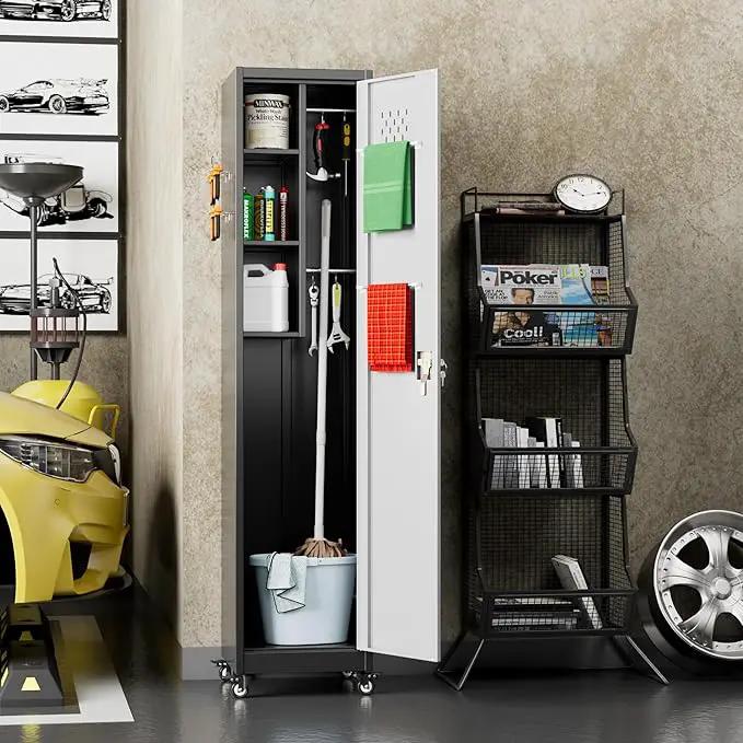 72''H Metal Broom Closet Storage Cabinet with Wheels & Pegboards, Mops Broom Closet Organizer with Locking Door & Hanging Rod,Cleaning Tool Garage Cabinet,Assembly Required,Black White by GreenHaven Gardens