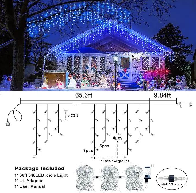 Christmas Icicle Lights Outdoor, 66ft 640 LED Icicle Lights for Outside with 8 Modes Timers, Waterproof Plug in Connectable Twinkle Light for Indoor Window Patio Yard Wedding Decorations, Blue by GreenHaven Gardens