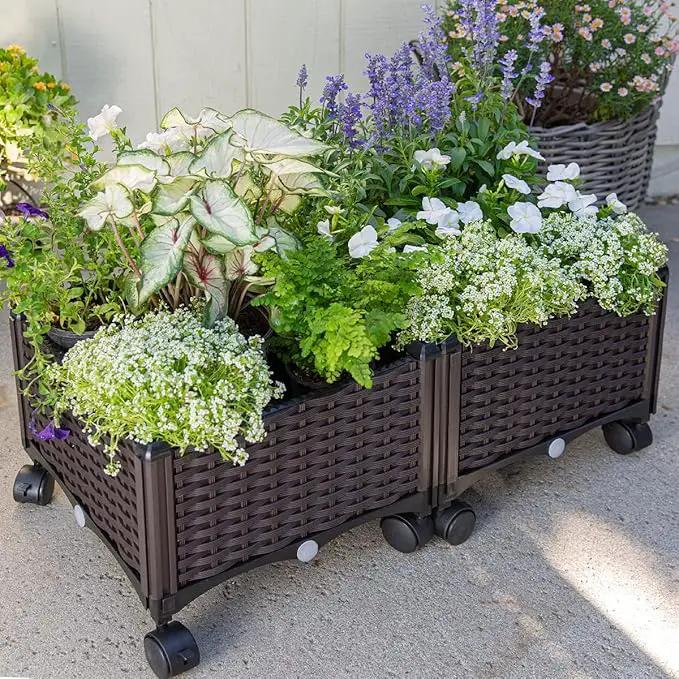 Barton 2 Pieces Rolling Garden Bed Brown Plastic w/Self-Watering Design Outdoor Elevated Planter Box Kit Wheels Mobile by GreenHaven Gardens