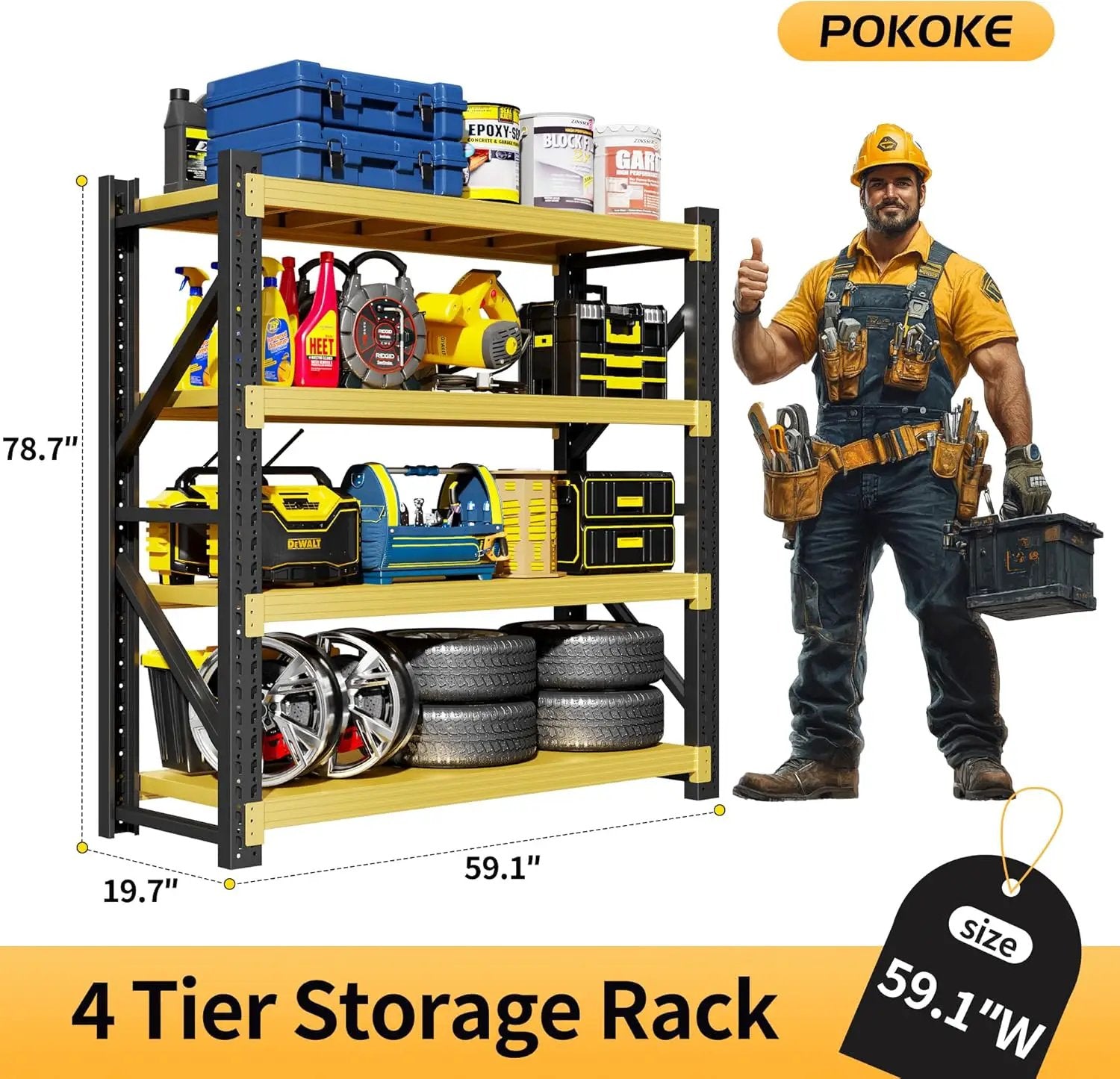 Garage Shelving Unit, 4 Tier Heavy Duty Racks, Easy Assembly, Metal Racks with Adjustable Shelves, 3000 LBS Load Capacity,for Warehouse,Basement (Black&Yellow, 19.7" D x 59.1" W x 78.7" H) by GreenHaven Gardens
