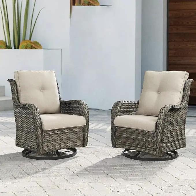 Outdoor Patio Swivel Rocker Chairs - Wicker Rattan Patio Swivel Rocking Chairs Set of 2 with High Back,Deep Seating and Comfort Cushions for Deck Porch Garden,Mixed Grey/Beige by GreenHaven Gardens