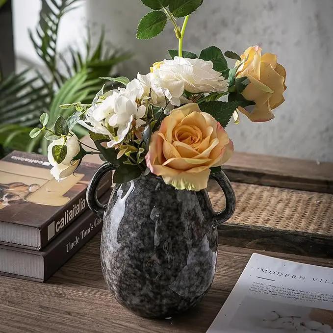 Ceramic Modern Farmhouse Vase with 2 Handles, Black Ceramic Vases for Home Decor, Rustic Pottery Vase, Decorative Terracotta Flower Vase, Boho Clay Vase for Table Living Room Shelf Mantel Decor by GreenHaven Gardens