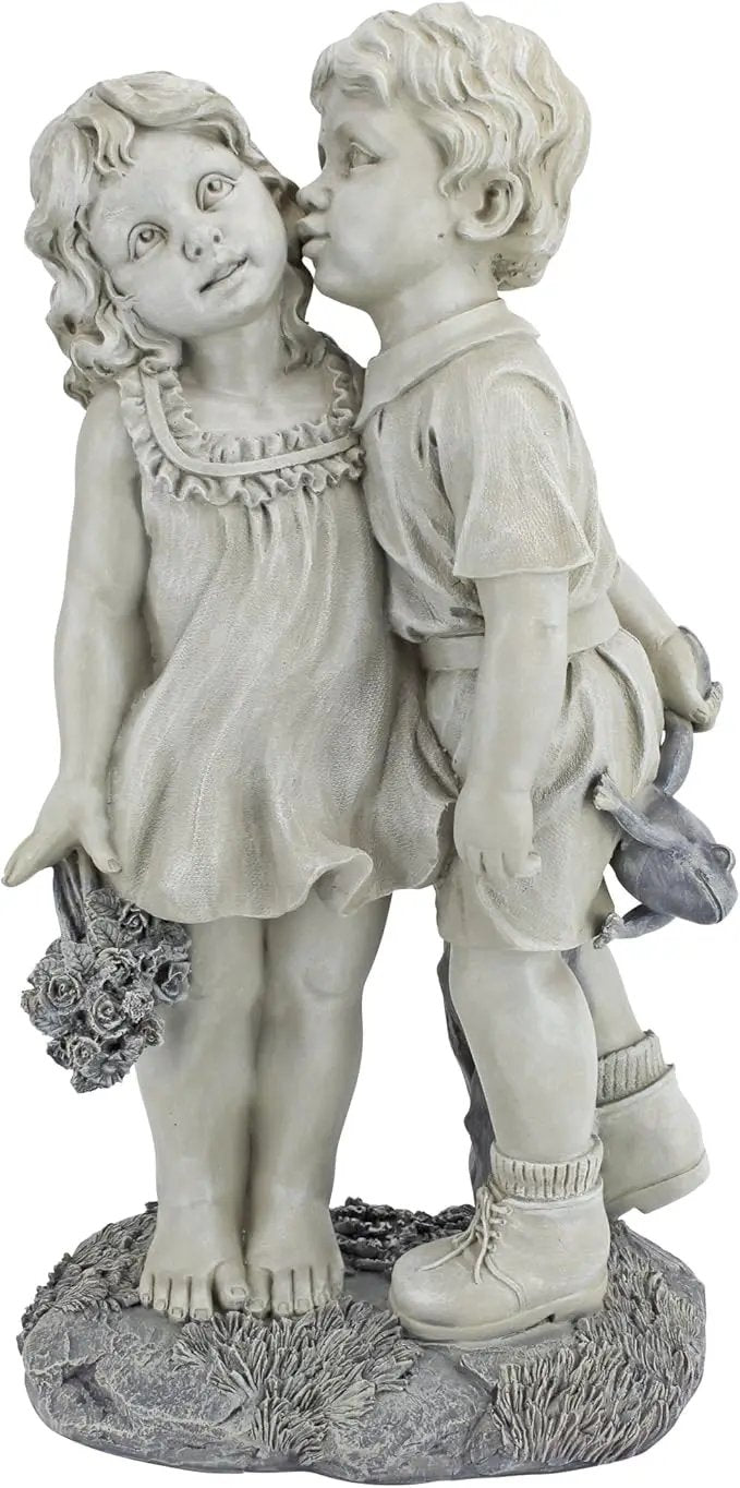 Young Sweethearts: Kissing Children Garden Statue by GreenHaven Gardens