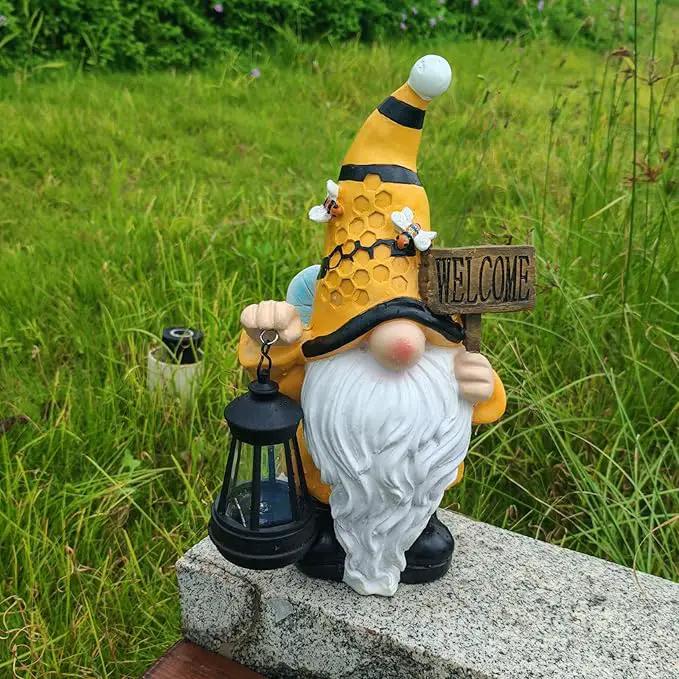 Gnome Garden Statues with Solar Lights Outdoor Gnomes Sculpture Yard Patio Decor for Lawn Ornaments Gardening Gifts（Bee Gnome by GreenHaven Gardens
