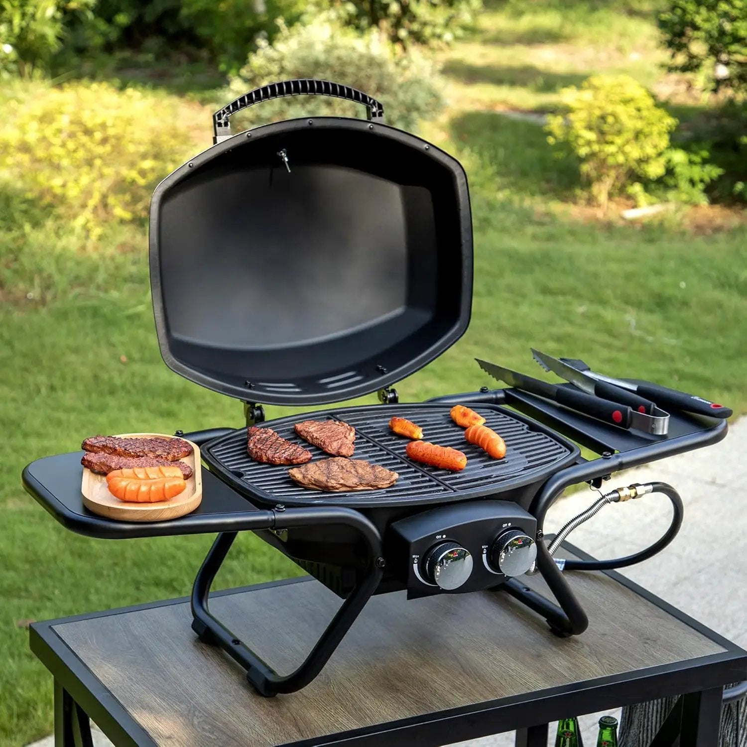 Captiva Designs Portable Propane Grill, 15,000 BTU Output TableTop Liquid Gas Grill with 2 Stainless Steel Burners, 275 sq.in. Cooking Area with Side Tables by GreenHaven Gardens