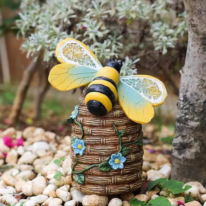 Garden Statue Bee Decor-Outdoor Statue Bees Decorations-Solar Garden Light Bumble bee Figurine Patio,Balcony,Yard,Lawn Ornament Mom Gift by GreenHaven Gardens