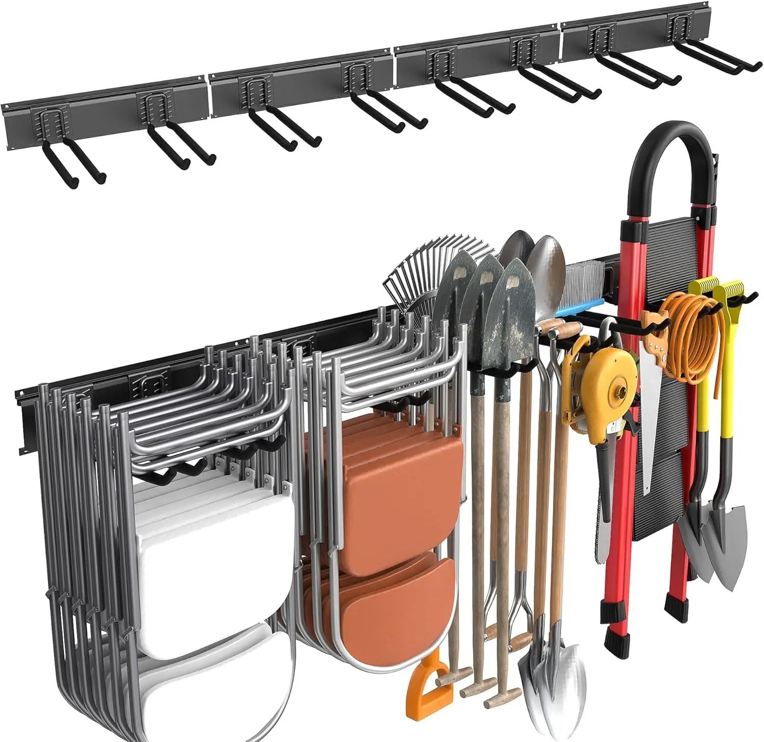 WALMANN Wall Mounted Garden Tool Organizer for Garage, Heavy Duty Folding Chair Storage Rack, 11-Inch Tools Storage Hooks for Shovels, Rakes, Ladders, Hold Up to 400 lbs by GreenHaven Gardens