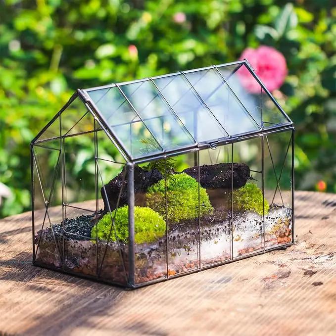 NCYP Geometric Glass Terrarium with Lid for Succulent, Small Cactus - Handmade Clear Closed House Shape Box - Home Indoor Tabletop Garden Decor, Black 9.4" x 5.5" x 7.3" (No Plants) by GreenHaven Gardens