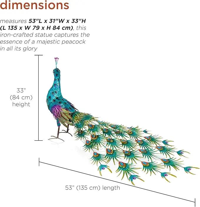 Alpine Corporation HEH378 Metal Jumbo Sized Majestic Peacock Decor, Elegant Garden & Patio Bird Statue, 33" H, Blue by GreenHaven Gardens