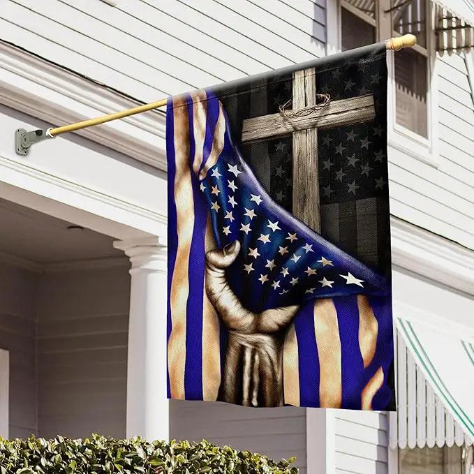 FLAGWIX The Thin Blue Line Christian Cross, America US Flag - 4th of July Decorations for Home, Garden, House Flag (29.5" x 39.5") - USA House Garden Flags Premium Polyester, Decorative Outdoor Flags by GreenHaven Gardens