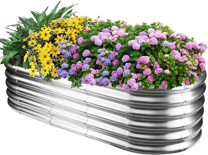 17" Tall Outdoor Garden Raised Garden Bed Kits, 5ft X 2ft Oval,0.8MM Thick Metal Raised Planter Bed/Ground Planter Box for Variety of Flowers,Herbs,Vegetables (Silver, 60X24X16.5 Inches) by GreenHaven Gardens