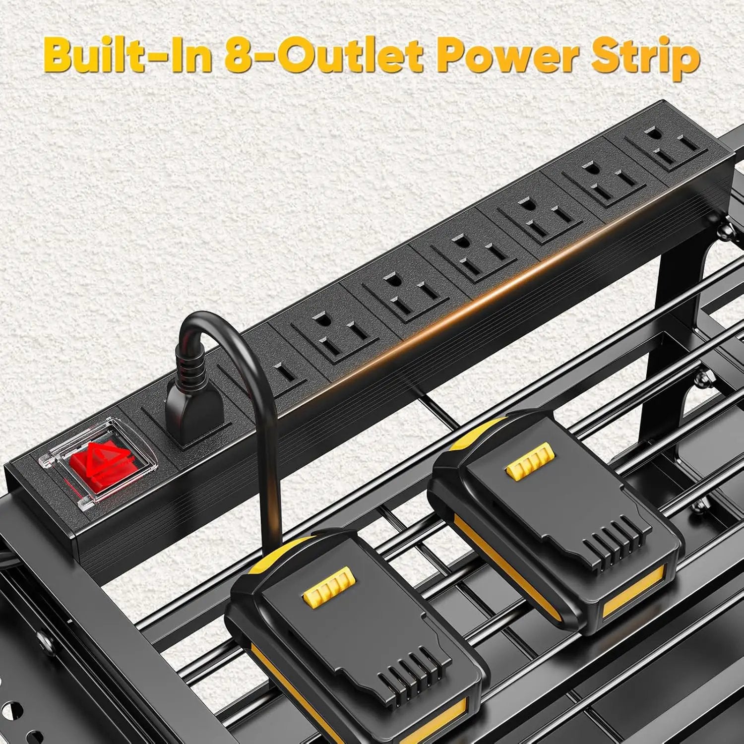 49.5" W Large Power Tool Organizer Wall Mount with Charging Station, 4-Tier Heavy Duty12 Cordless Drills Holder Load 600 lb, Tool Battery Storage Rack Built in 8 Outlet Power Strip for Garage by GreenHaven Gardens