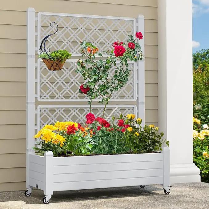 YITAHOME 3.6x1.5x5 FT Planter Box Trellis with Wheels, Large Outdoor Plastic Raised Garden Bed with Drain Plug for Climbing Plants, Grayish-White by GreenHaven Gardens