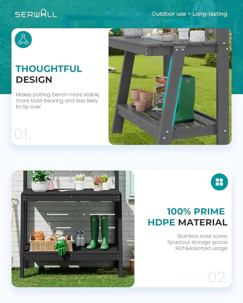 SERWALL Potting Bench Outdoor with Storage Set of 2, 3-Tier HDPE Gardening Table with Angled Legs & Tool Hooks, All-Weather Heavy Duty Potting Table for Patio, Backyard, Garden, Black by GreenHaven Gardens