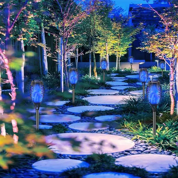 Blue Solar Lights, Halloween Decorations Outdoor 8 Pack Solar Torch Lights with Flickering Flame, 12 LED Mini Tiki Torches Waterproof for Landscape Pathway Dusk to Dawn Auto On/Off by GreenHaven Gardens