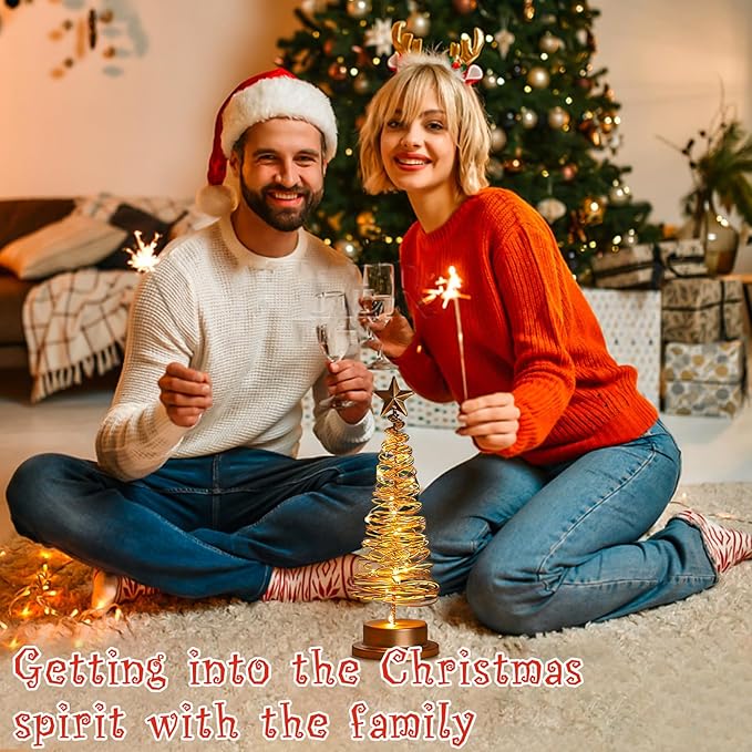 Christmas Tree Lamp, Spiral Christmas Tree with Glittering Star, AA Battery Operated Gold Christmas Tree Light with Metal Stand for Christmas Table Decoration（Batteries not Included） by GreenHaven Gardens