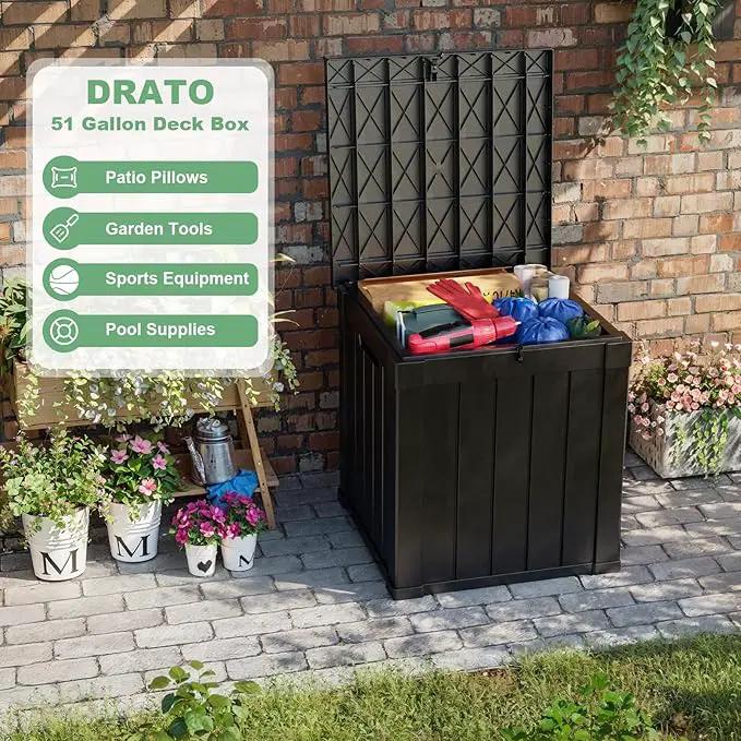 DRATO 50 Gallon Deck Box, Outdoor Storage Box for Patio Cushion, Sports Equipment, Garden Tools,Waterproof Patio Storage box, Lockable (Black) by GreenHaven Gardens
