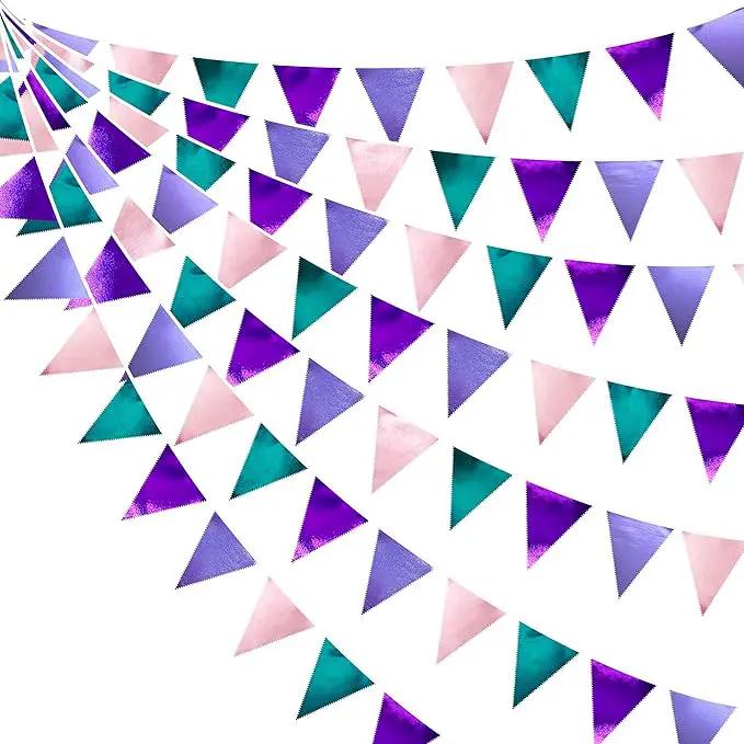 Mermaid Party Decorations Purple Pink and Teal Aqua Metallic Fabric Triangle Pennant Banner Flag Bunting Garland for Mermaid Under the Sea Birthday Wedding Baby Shower Engagement Party Supplies by GreenHaven Gardens