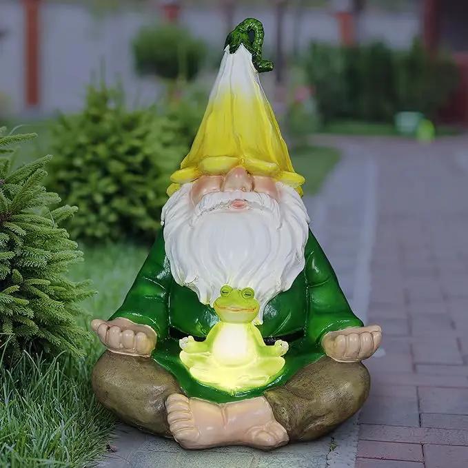 Exhart Solar Light-Up Meditating Gnome Statue w/LED Frog, Durable Resin Garden Décor, 8”x6.5”x10.5” by GreenHaven Gardens