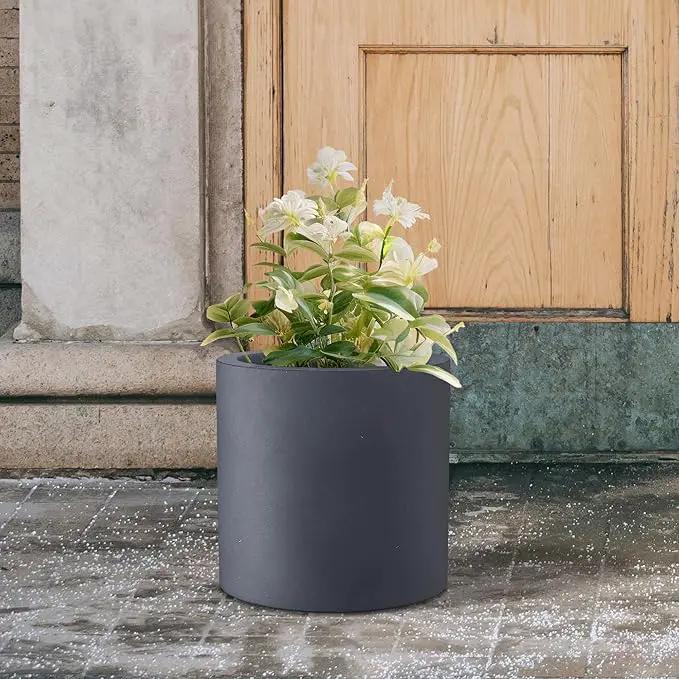 Kante 12.6" Dia Round Concrete Planter, Modern Style Large Cylindrical Plant Pot with Drainage Hole and Rubber Plug for Indoor Outdoor Patio, Charcoal by GreenHaven Gardens