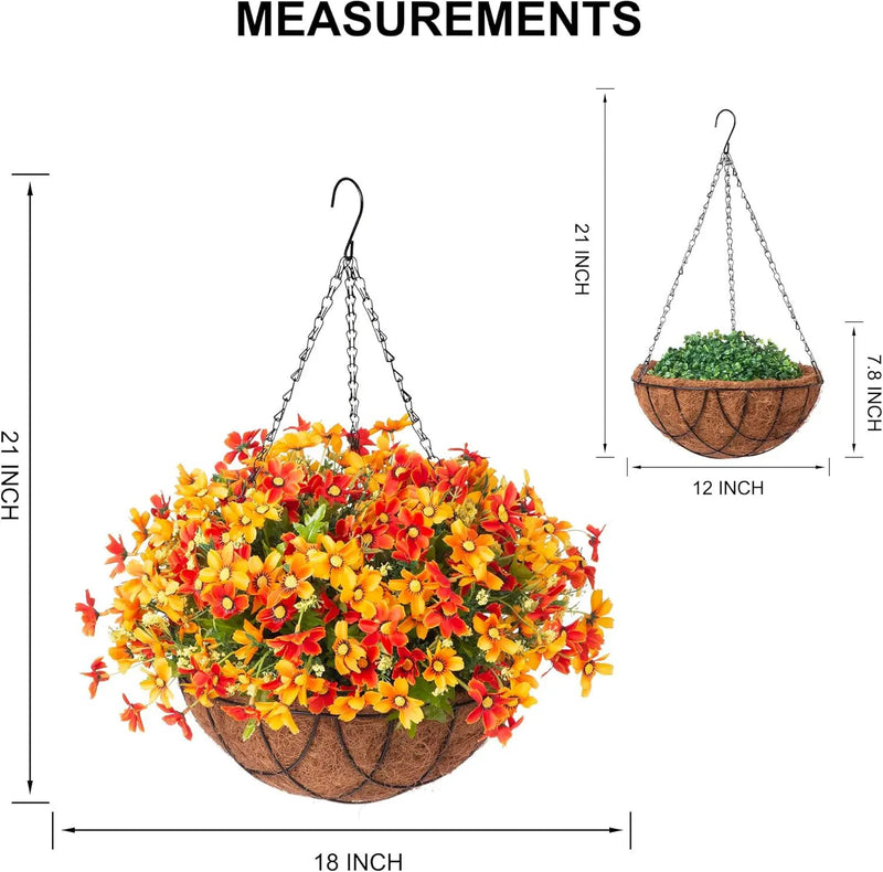 Artificial Silk Flowers Hanging Baskets Outdoors,Chrysanthemum with Eucalyptus Leaves Arrangement for Garden Yard Decor,Faux Plant in Metal Coconut Lining Flowerpot(Orange) by GreenHaven Gardens
