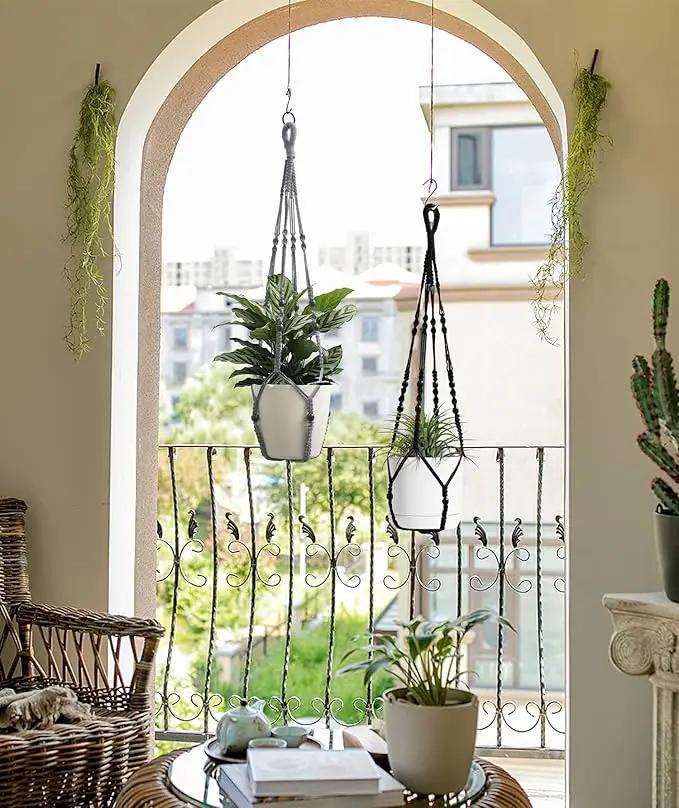Macrame Plant Hanger Indoor Hanging with Wood Beads Macrame Planters No Tassel for Indoor Outdoor Boho Home Decor 35 Inch (Gray,1pc)