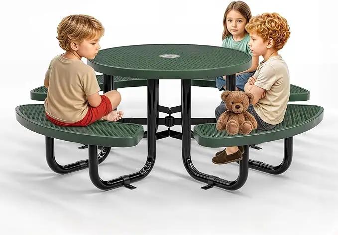 Metal Picnic Tables for Kids for Outdoors with Umbrella Hole - Coated Steel Heavy Duty Commercial Grade Table with Adjustable Seats (Green, 38 in, Kids, Expanded Steel) by GreenHaven Gardens