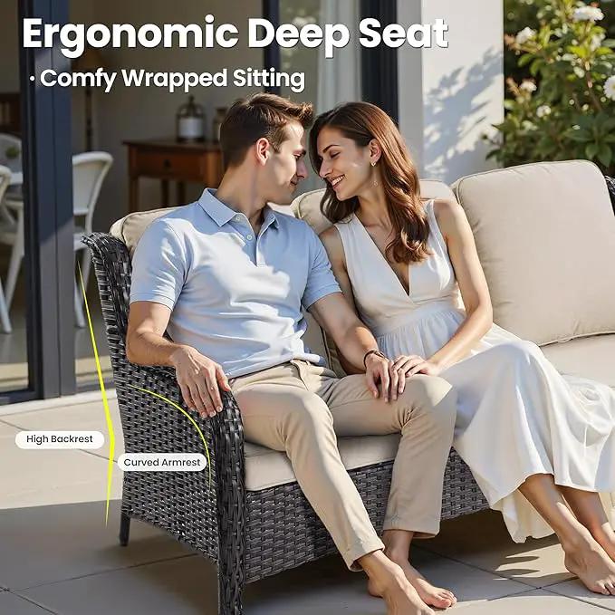 ovios 6 Pieces Patio Furniture Set with 30" Fire Pit Table, Outdoor Wicker Sofa with Ottomans, Comfy Cushions, High Back Couch Conversation Set, Brown Rattan, Beige by GreenHaven Gardens
