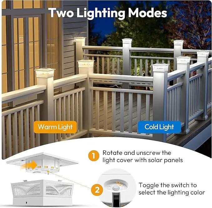 NIORSUN Solar Post Cap Lights Outdoor, 2 Modes LED, Deck Fence Post Solar Lights for 3.5x3.5 4x4 5x5 Caps Patio Garden Decoration, Warm White/Cool White Lighting White 4 Pack by GreenHaven Gardens