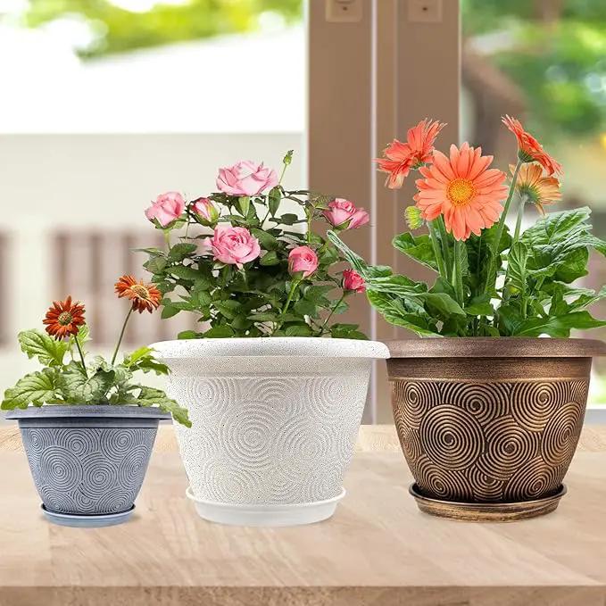 14 Inch Large Planter Pot for Plants Indoor Outdoor, 4 Pack Plastic Flower Pots with Drainage Hole & Tray, Modern Decorative Garden Pot with Saucer, Plant Container for House by GreenHaven Gardens