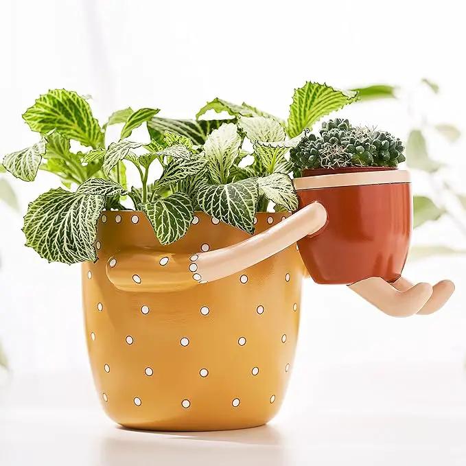 VIRTUNE Adorable Plant Pots. 5" Flower Pot & 2" Small Pot with Drainage. Gifts for Plant Lovers, Indoor Planters, Small Plant Pots, Cute Pots (Mustard) by GreenHaven Gardens