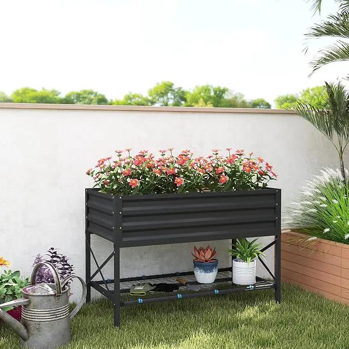 Outsunny Raised Garden Bed with Galvanized Steel Frame, Storage Shelf and Bed Liner, Elevated Planter Box with Legs for Vegetables, Flowers, Herbs, Dark Gray by GreenHaven Gardens