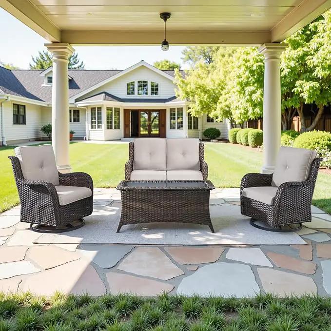 4 Piece Patio Furniture Set - Outdoor Glider Bench with Swivel Rocker Chairs and Coffee Table, High Back Small Outdoor Conversation Furniture Sets for Deck Sunroom Balcony Backyard by GreenHaven Gardens