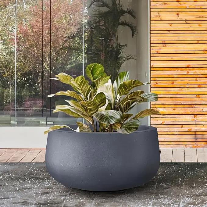 Kante 15.7" Dia Round Concrete Planter, Outdoor Indoor Garden Plant Pots with Drainage Hole and Rubber Plug, Modern Curvaceous Design, Charcoal by GreenHaven Gardens