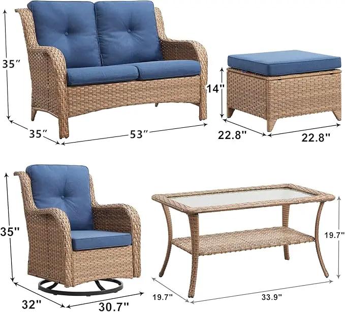 Outdoor Wicker Patio Furniture Set - 6 Piece Rattan Patio Conversation Set with 2 Rocking Swivel Chairs,2 Ottomans,1 Loveseat and 1 Coffee Table for Porch Deck Backyard Garden(Yellow/Blue) by GreenHaven Gardens