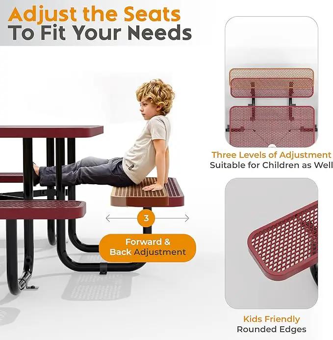 Metal Picnic Tables for Outdoors with Umbrella Hole - Coated Steel Heavy Duty Commercial Grade Table with Adjustable Seats (Red, 46 in, Square, Expanded Steel) by GreenHaven Gardens