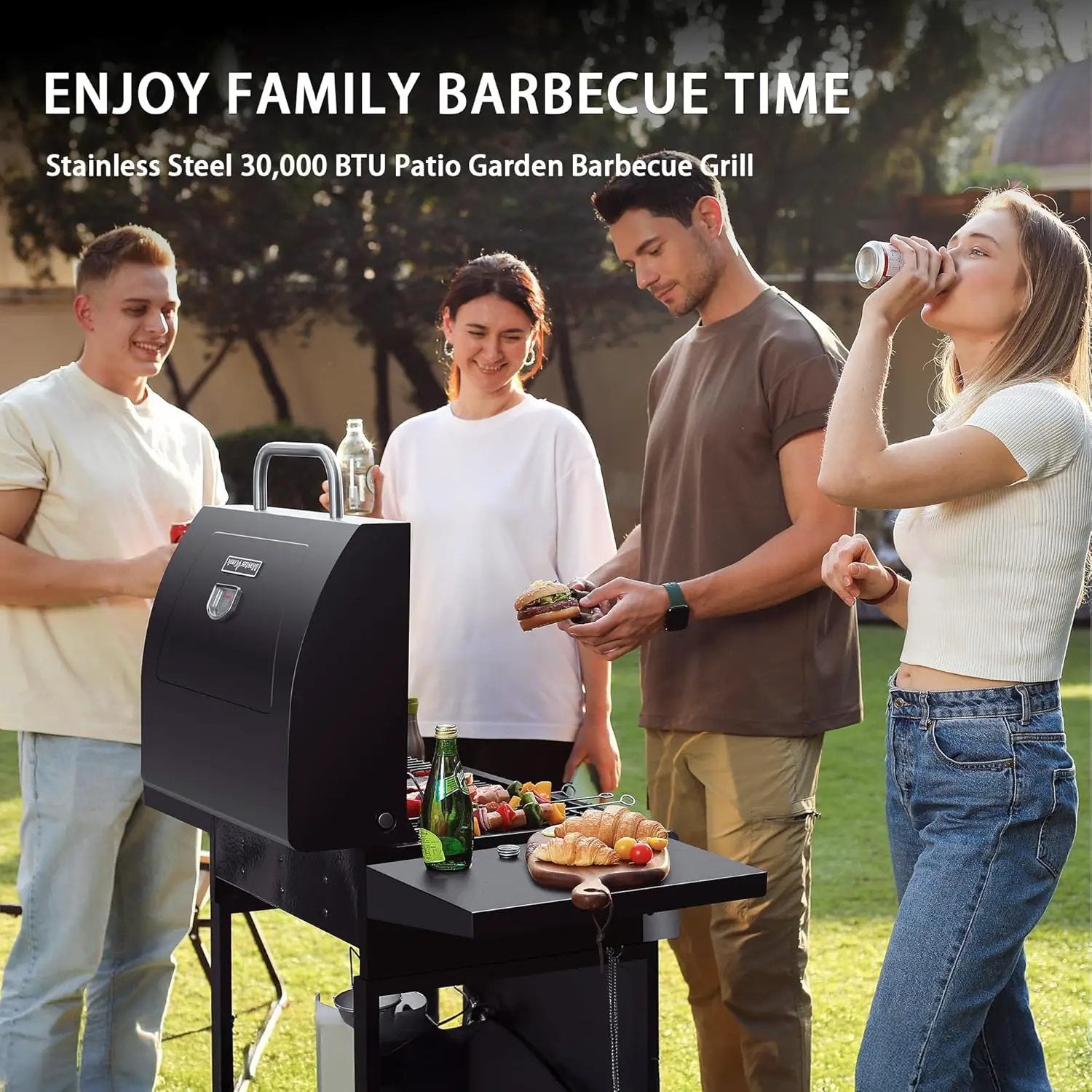 MASTER COOK 3 Burner BBQ Propane Gas Grill, Stainless Steel 30,000 BTU Patio Garden Barbecue Grill with Two Foldable Shelves by GreenHaven Gardens