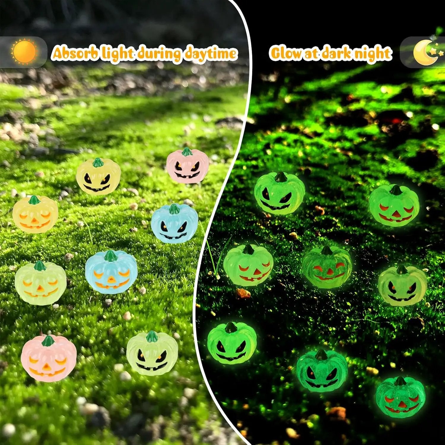 STEFORD 56 Pcs Luminous Resin Pumpkins, Halloween Miniature Figurines Glow in The Dark Mini Tiny Plastic Fake Pumpkin Bulk for Decorating Outside Outdoor DIY Crafts Home Fairy Garden Dollhouse Decor by GreenHaven Gardens