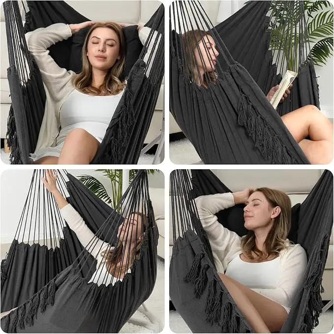 Y- STOP Hammock Chair Hanging Rope Swing, Max 500 Lbs, 2 Cushions Included, Large Macrame Hanging Chair with Pocket, Cotton Weave for Superior Comfort, Durability (Dark Grey) by GreenHaven Gardens