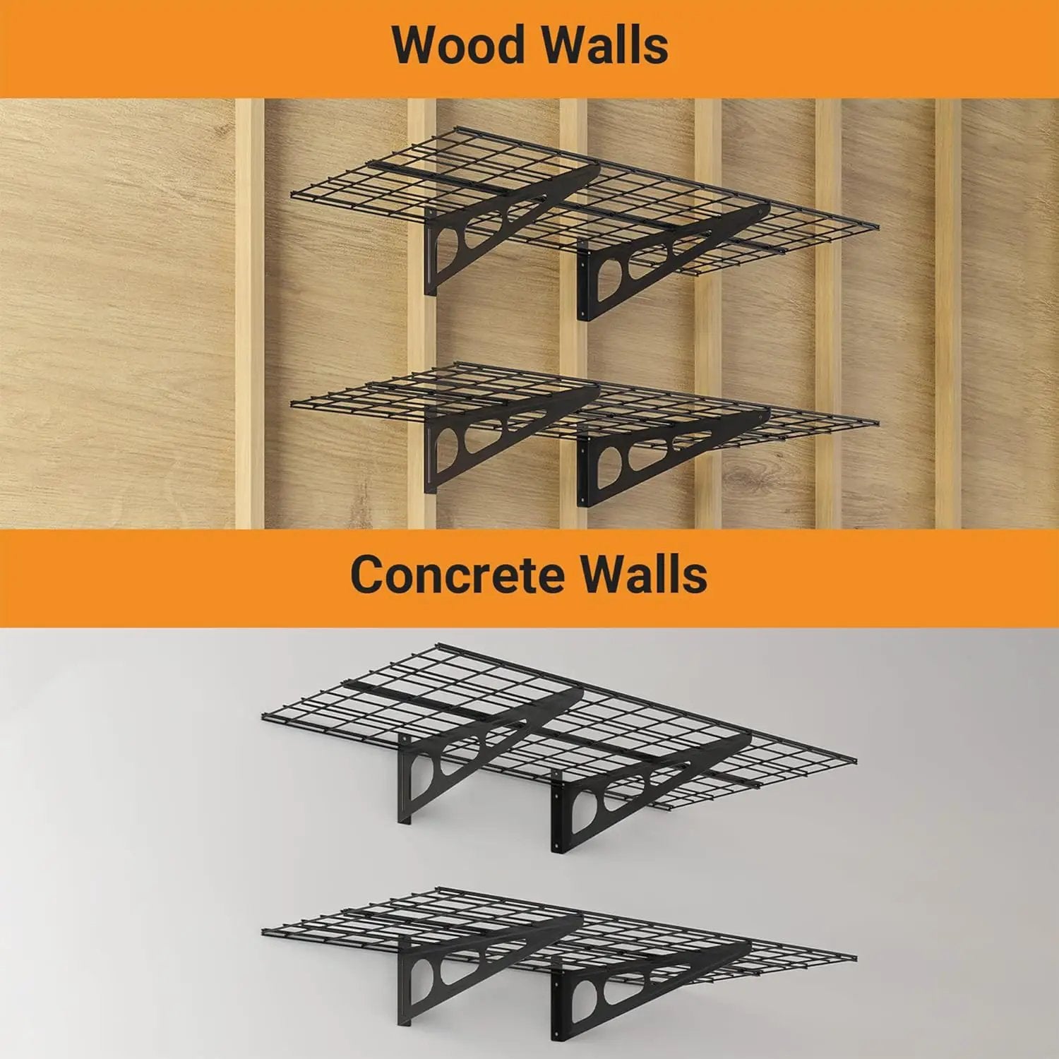 2x4 ft Garage Shelving, 2-Pack Wall-Mounted Shelves for Garage, Kitchen, Pantry Storage, 400 lbs Total Load Capacity Wall Shelving, Black by GreenHaven Gardens