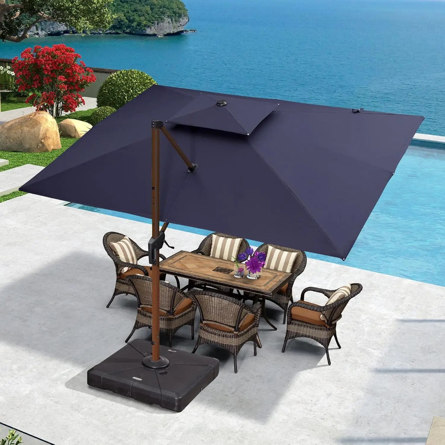 PURPLE LEAF 9' X 12' Double Top Deluxe Wood Pattern Rectangle Patio Umbrella Offset Hanging Umbrella Outdoor Market Umbrella Garden Umbrella, Navy Blue by GreenHaven Gardens