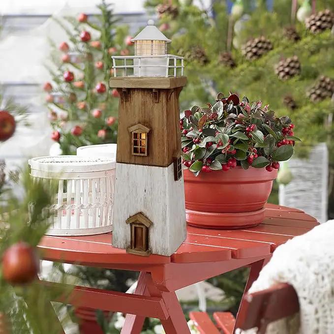 Wooden Lighthouse Decor with Light, Decorative Nautical Lighthouse Rustic Ocean Sea Beach Themed Lighthouse Decoration, Handcrafted Tabletop Nautical Themed Home Decor Bathroom Decor (13.78“H) by GreenHaven Gardens