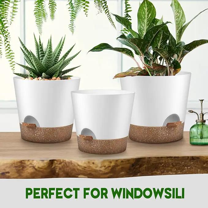 Indoor Outdoor Plant Pots- Self Watering Planters with Drainage Holes and Saucers, 9,8, 7.5 Inches, 3 Pots (Snow) by GreenHaven Gardens